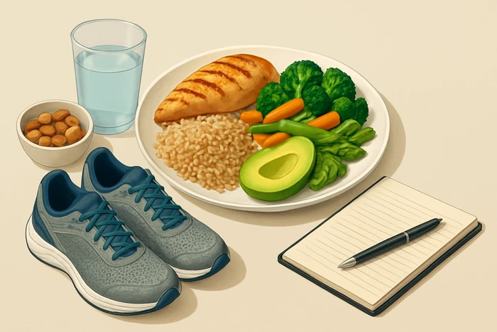 Balanced athlete recovery meal with protein, carbohydrates, healthy fats, and hydration.
