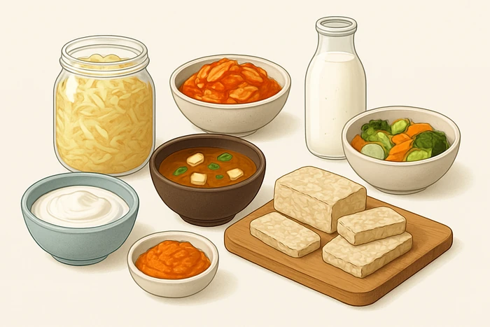 Variety of fermented foods that can support gut health and microbiome diversity.