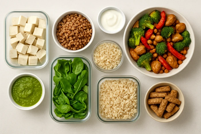 Vegan meal prep system with protein anchors and balanced plant-based components.