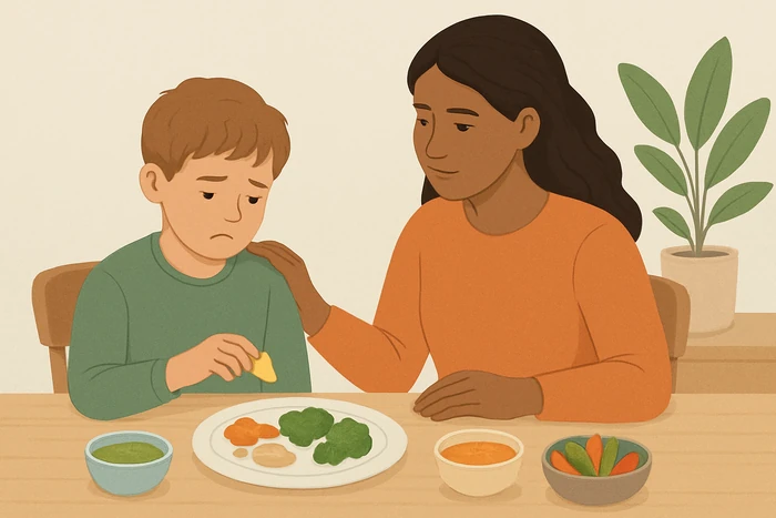 Parent supporting picky eating with low-pressure exposure and balanced foods.
