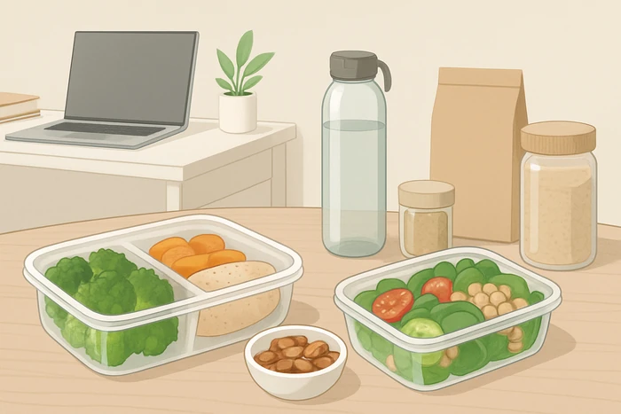 Organized food environment with healthy snacks and meal components for busy professionals.